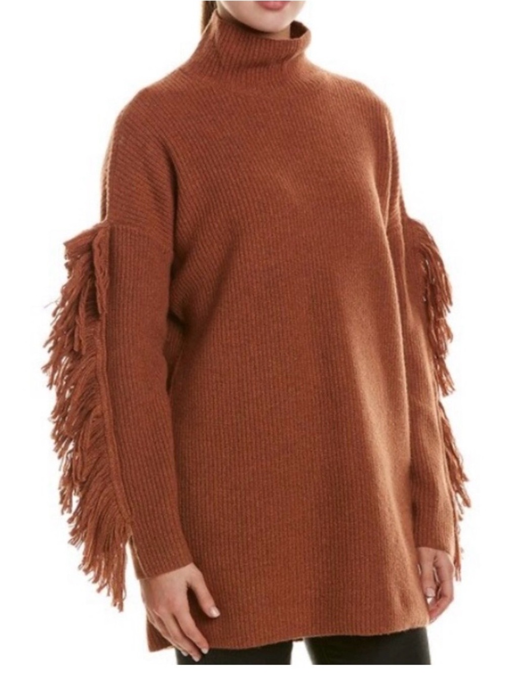 BCBGMaxAzria Rust Fringe-Sleeve Turtleneck Sweater